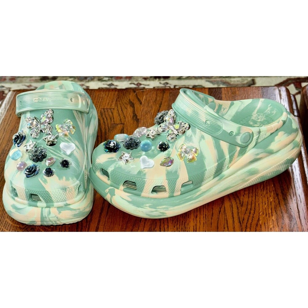Bling Crocs embellished jibbitz Platform Clog In Green Marble W9